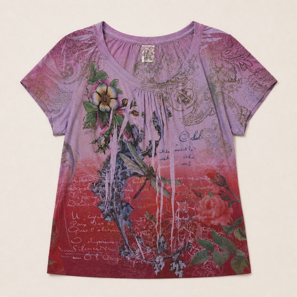 Ransom Y2K Graphic Layered Fairy‎ T-Shirt Purple Red Ombre Dragonfly Paisley 2X